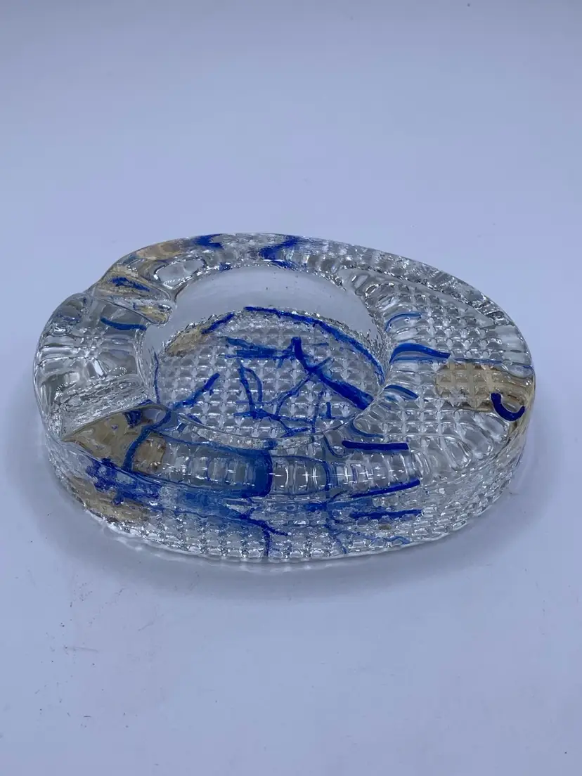 Vintage Mid-Century Thick Clear Glass Cigar Ashtray With Blue Threads.