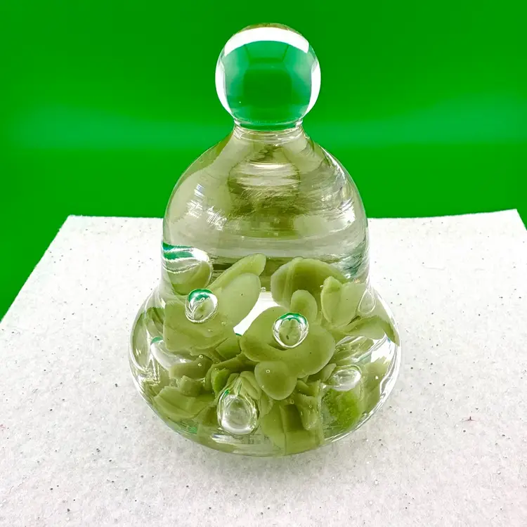Vintage Bell Shaped Paperweight By Maude & Bob St Clair Light Green Flowers 3” x 2.5”