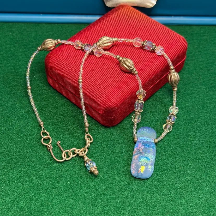 Sterling 925 Silver Necklace w/ Dichroic Fused Glass Pendant And Aurora Borealis Beads Hook Clasp 16”