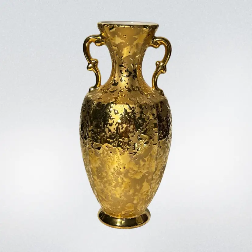 Vintage Vase Mid-Century Modern "Weeping Bright Gold" Porcelain Hand Decorated 22 Karat gold gilt Holley Ross China LaAnna PA USA 1950-60s MCM Hollywood Regency