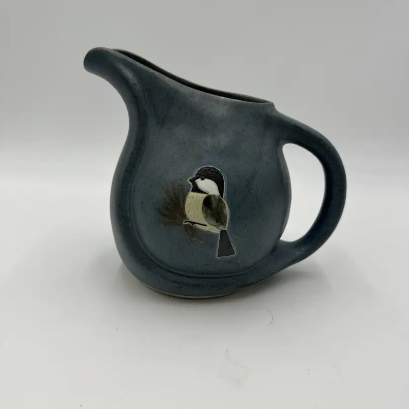 POD Studio Art Pottery Edgecomb Maine  Blue Chickadee Pitcher Signed Vintage 6in