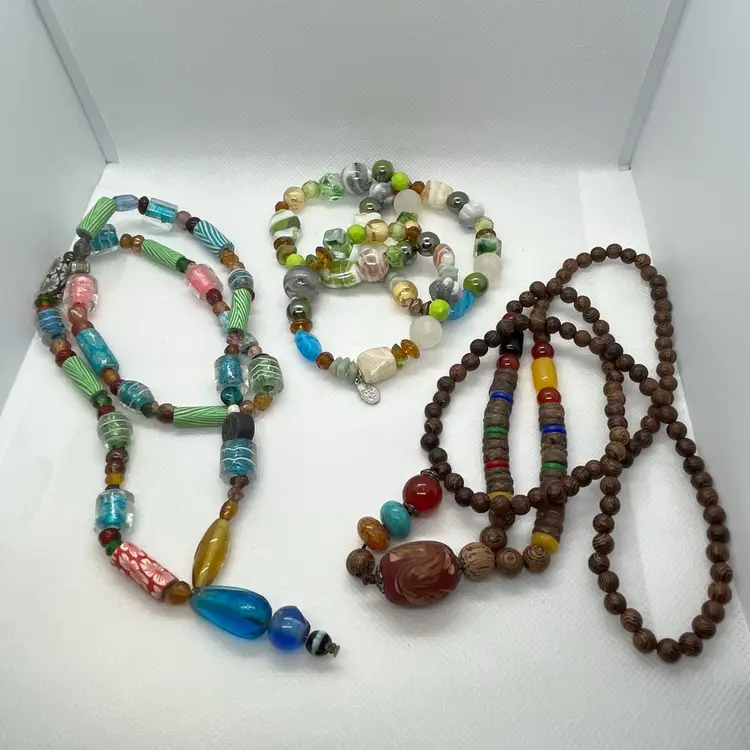 VTG Lot Boho Ethnic Wood Glass Beads Necklaces