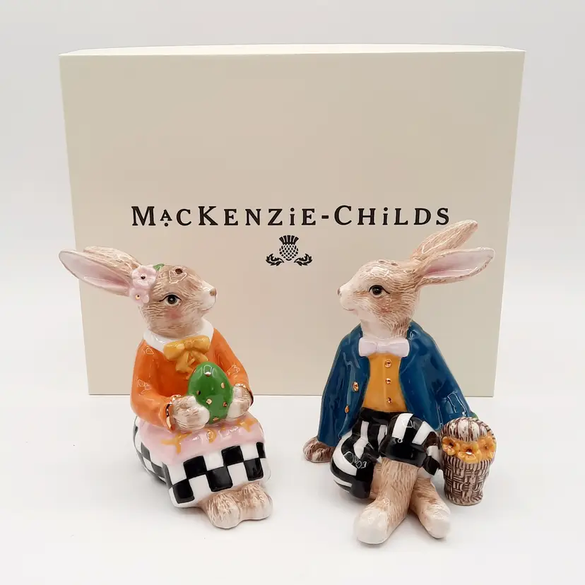 Mackenzie Childs Country Stroll Bunny Rabbit Salt and Pepper Shakers