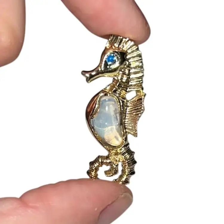 Goldtone Seahorse Brooch Faux Moonstone And Blue Rhinestone Eye 1.5”