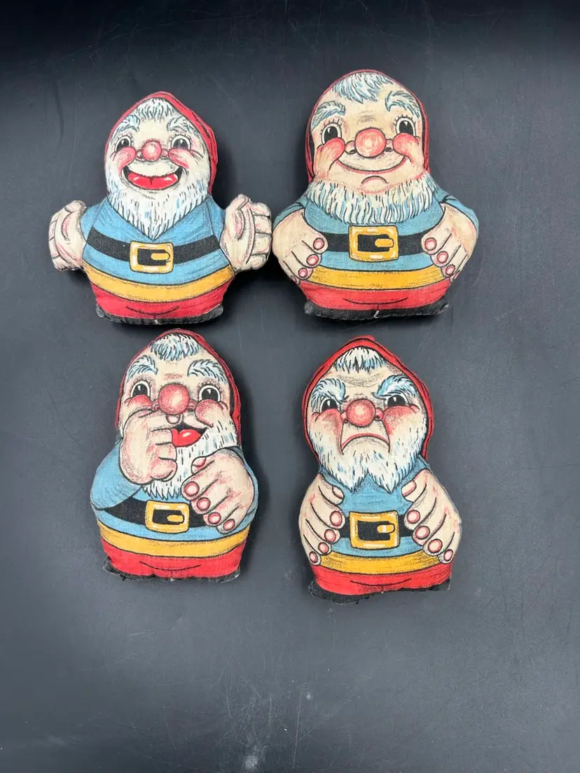 4 Vintage small cloth printed Dwarf Pillow Dolls