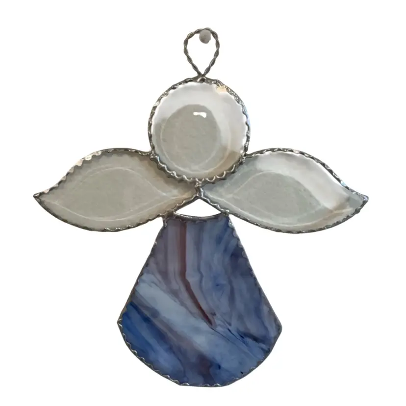 Angel 10” X 10” Blue And Purple Stained Glass And Clear Beveled Pieces