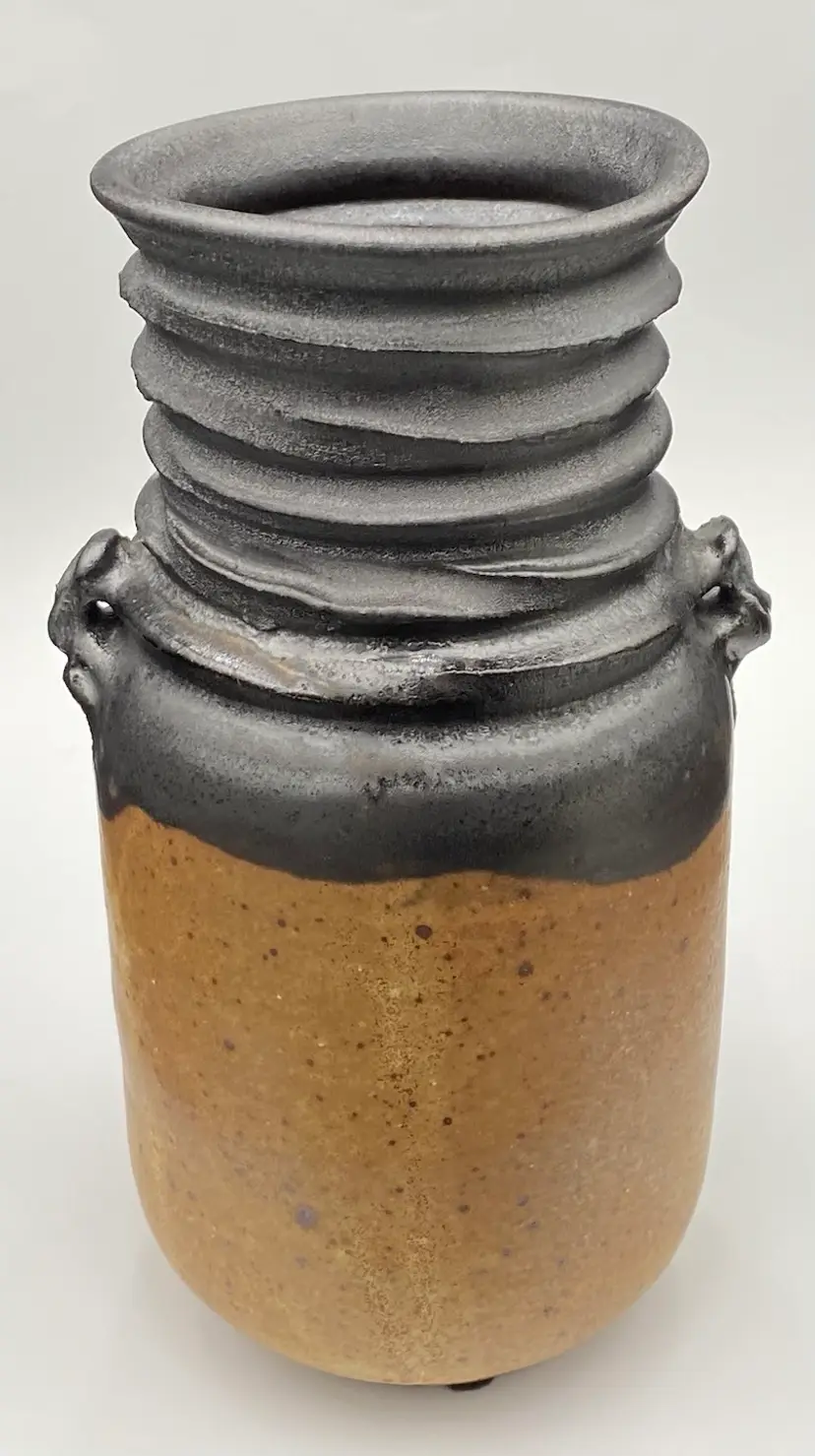 Studio Pottery Vase, Brown Speckle w/Black Salt Glaze, Threaded Neck