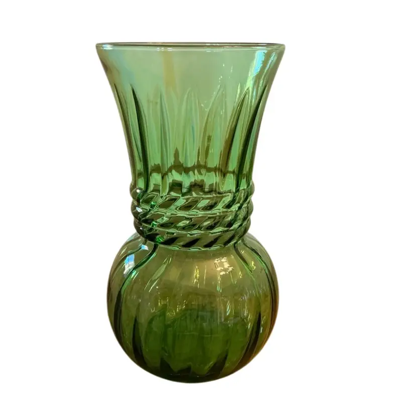 Vintage Anchor Hocking Forest Green Glass Optic Swirl Braided Rope Flower Vase