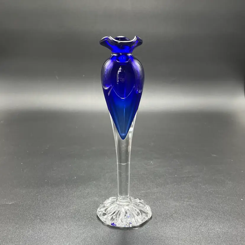 Blown Art Glass Cobalt Blue Clear Sommerso Trumpet Bud Vase Signed