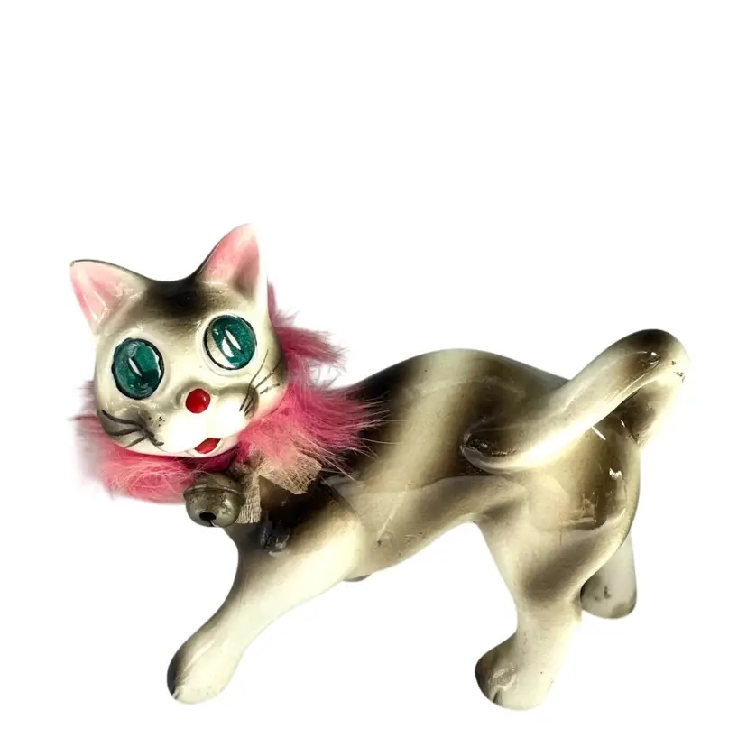 Vintage Cat Figure Big Eyed Pink Feather collar White/Brown Stripes (ceramic)