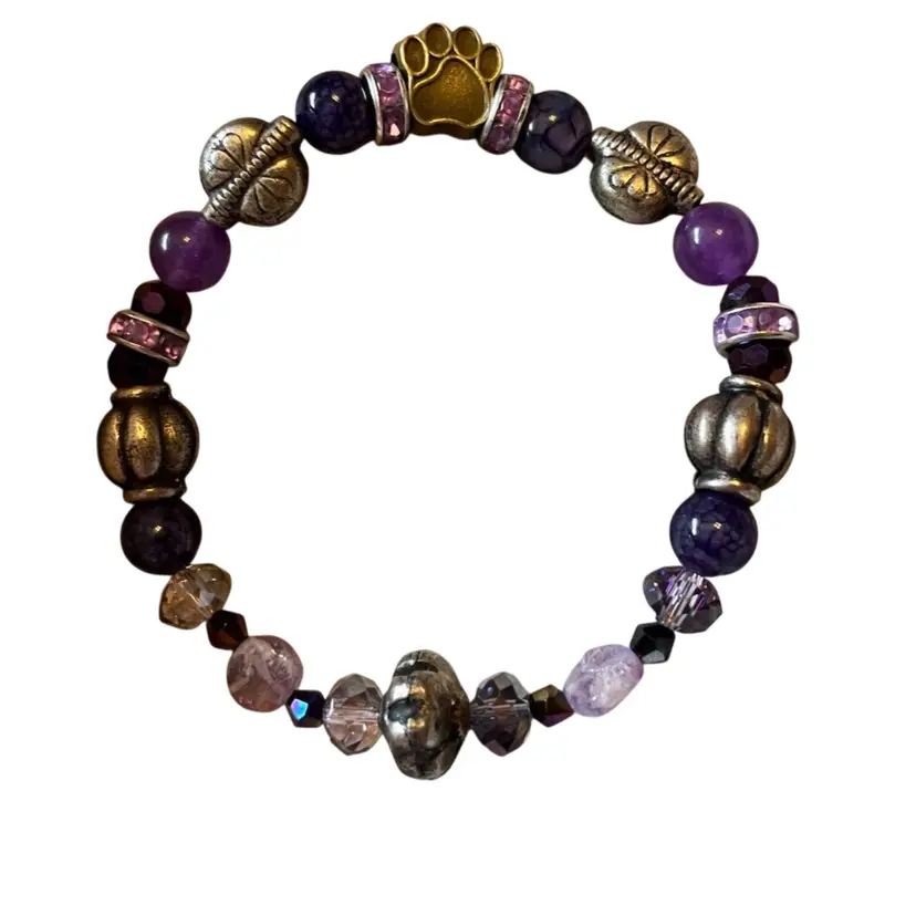 Purple Brass Adorned Pet Bracelet With Amethyst Stones and Crystal Beads