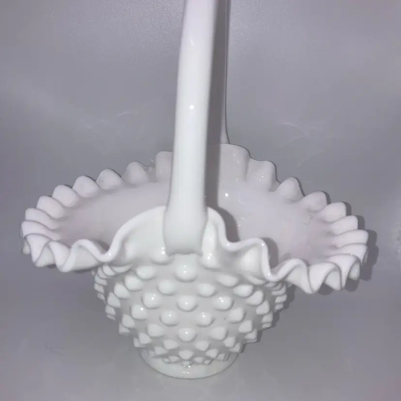 Vintage Fenton Hobnail Milk Glass Basket! 8” Tall 6 1/2” Wide!