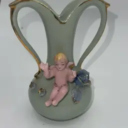 Vintage Light Green Porcelain Cherub 3D Bud Vase 4.5" Blue Flowers