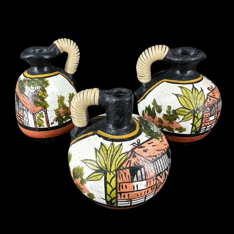 Set 3 Decorative Hand Painted Pottery Jugs