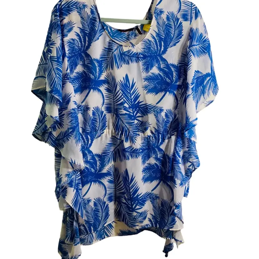 Sofia By SOFIA VERGARA BLUE PALM TREE BEACH COVERUP Top  Women’s Fern Palm Printed Blouse Top 100% Polyester  Size Large 