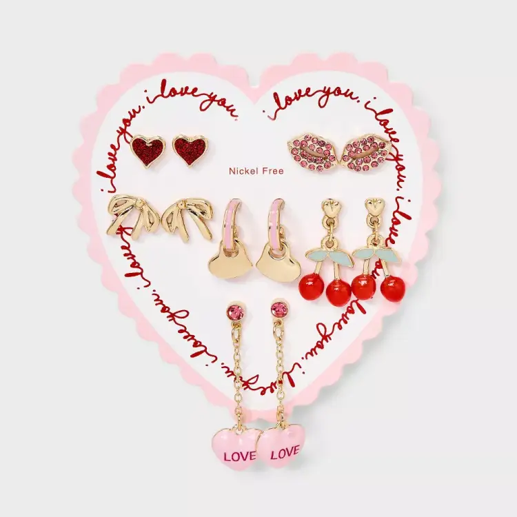 A New Day 6 Pair Heart Cherry Love Stud & Drop Earrings Set Gold Tone NWT
