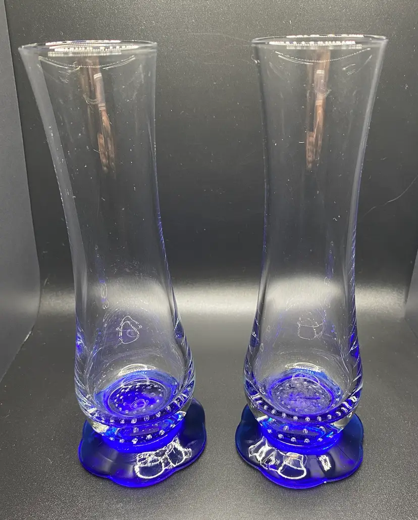 Clear Art Glass Bud Vases With Blue Base