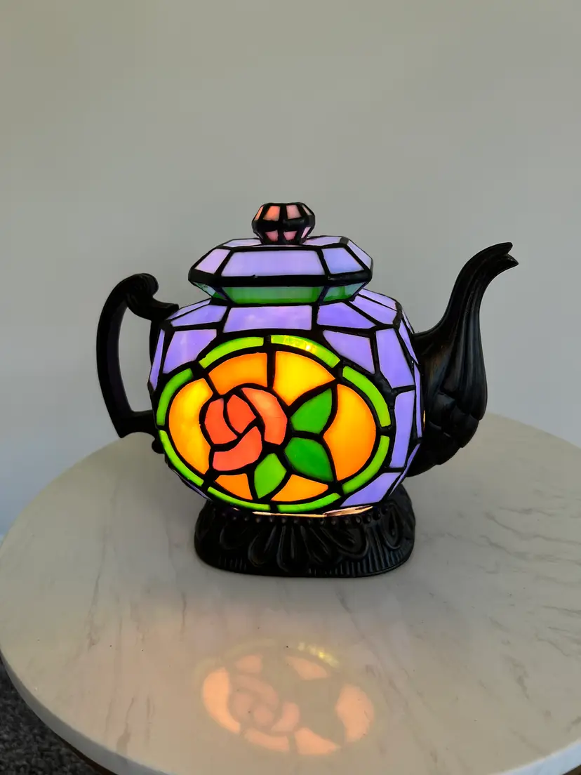 Tiffany Style Stained Glass Teapot Accent Lamp Floral Light Table Lamp Vintage