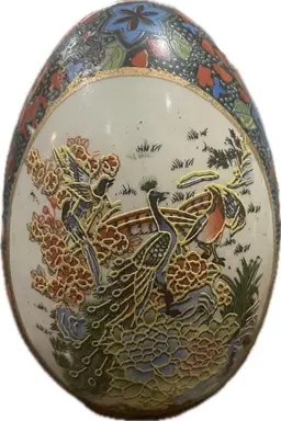 Vintage Asian Satsuma Egg Hand-Painted Porcelain 4” Peacock Birds Floral Hallow