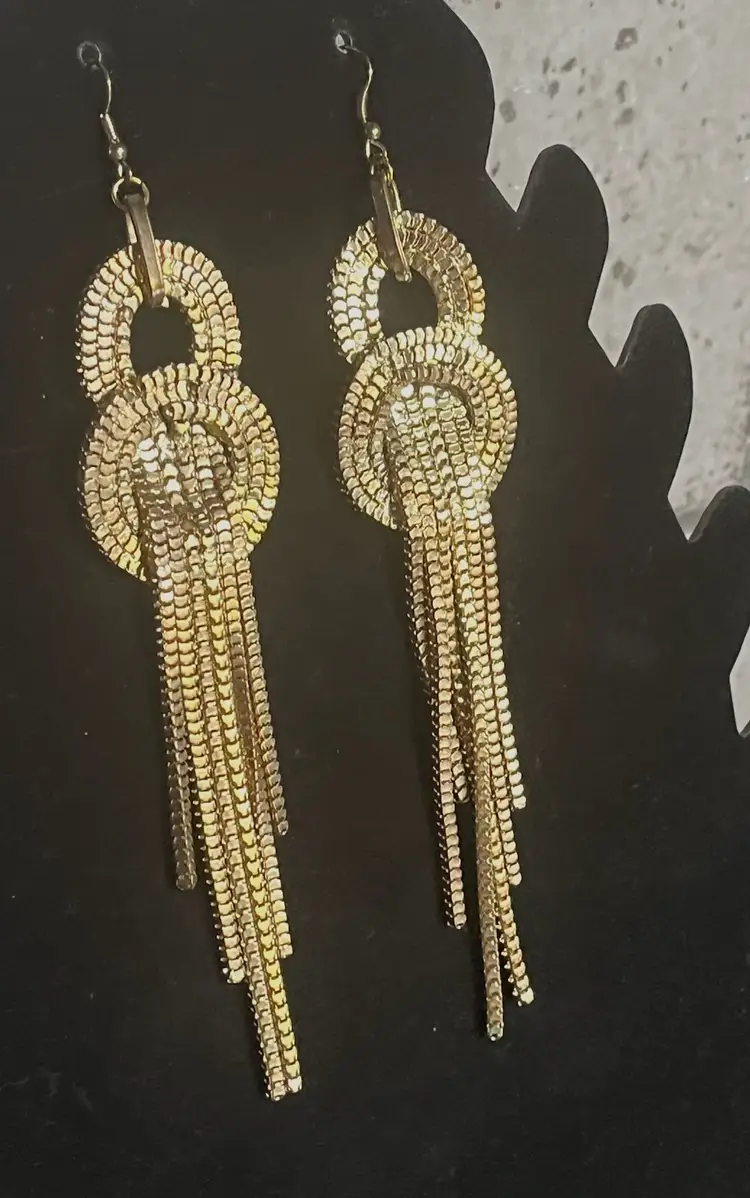 Glamorous Dressy Gold Long Box Chain Knot Earrings Vintage Art Deco