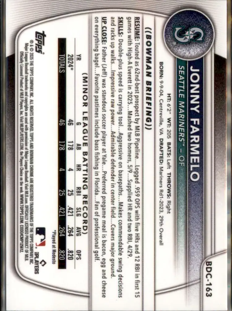 2025 Bowman Draft Jonny Farmelo Chrome Steel Metal #/100 - ( 138 ) - Seattle Mariners