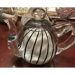 🫖Vintage Candy Striped Glass Blown Art Teapot Paperweight Decore Black & White