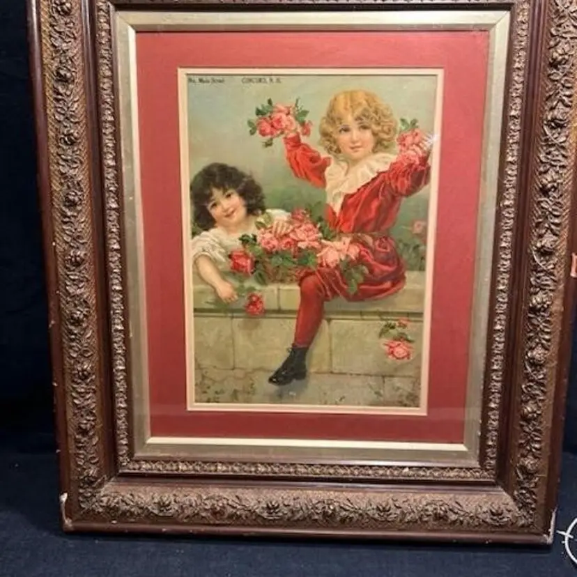 Victorian Wall of Roses Lithograph, Floral and Child Art (21x24 Inches)