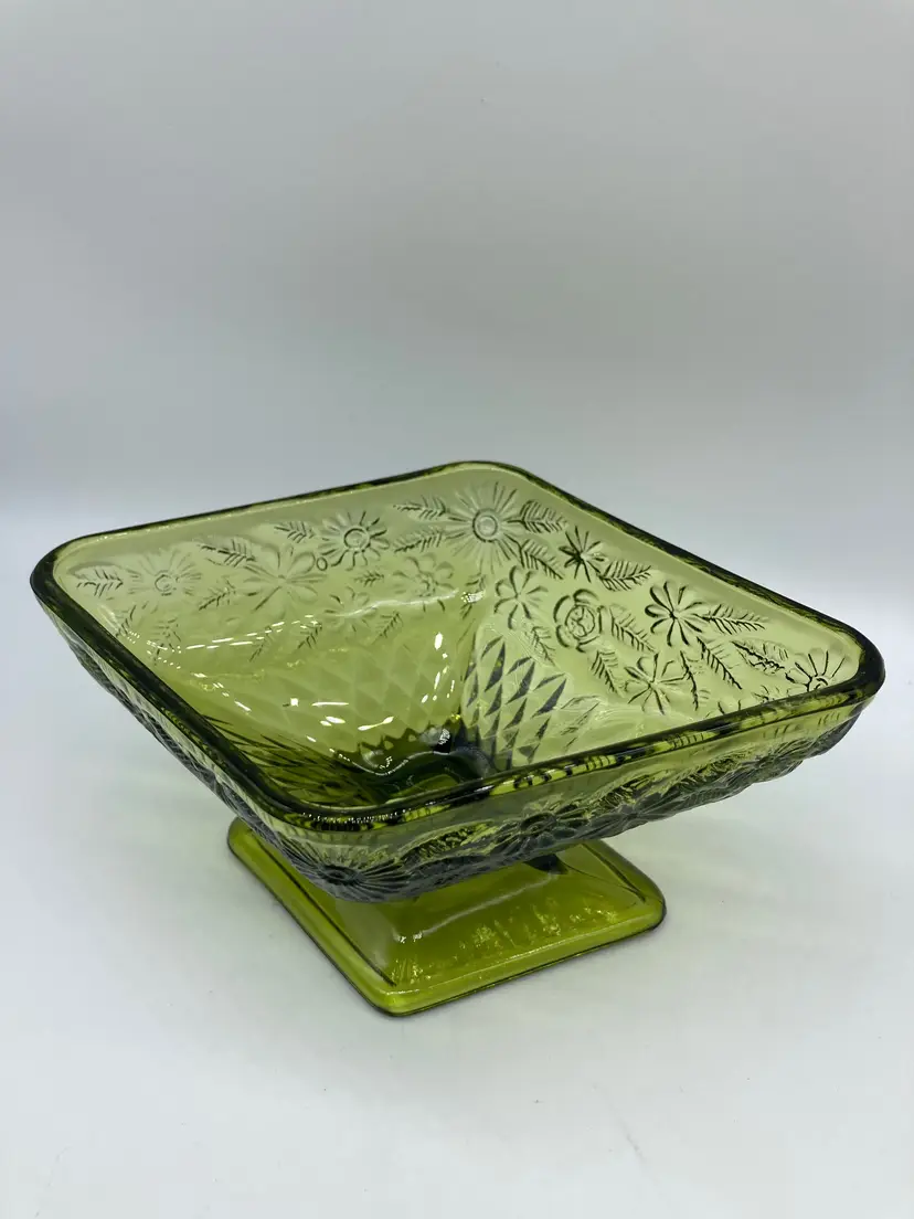 Vintage Indiana Glass Green Daisy Pedestal Candy Dish 1960s Diamond Floral