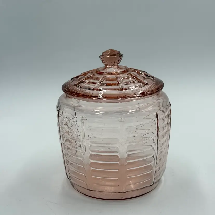Anchor Hocking Vintage Pink Depression Glass Cookie Biscuit Jar Paneled Ribbed