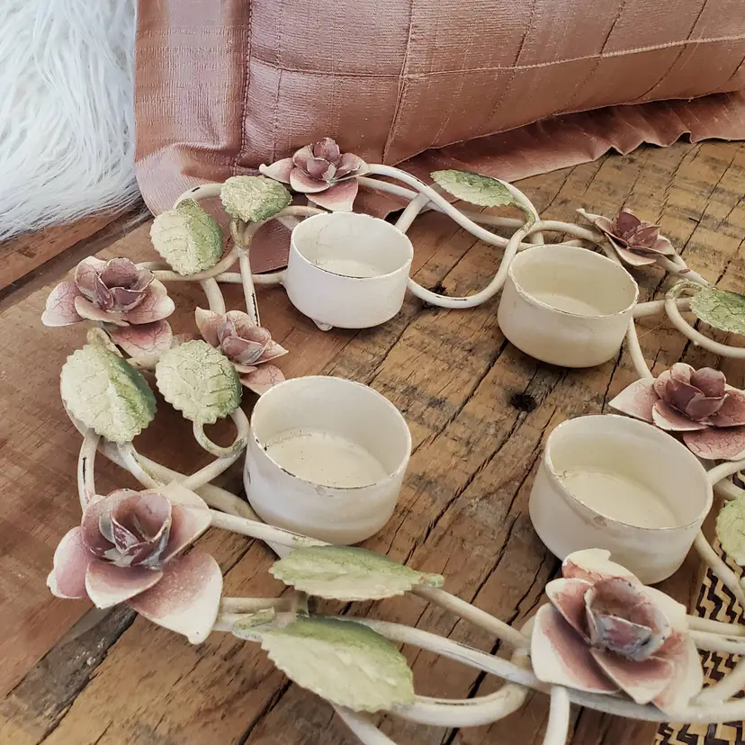 Shabby Chic Painted Metal Floral Tea Light Holder