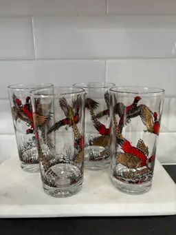 Vintage MCM Red Gold Ringneck Pheasant Tall Barware Glasses Set Of 4