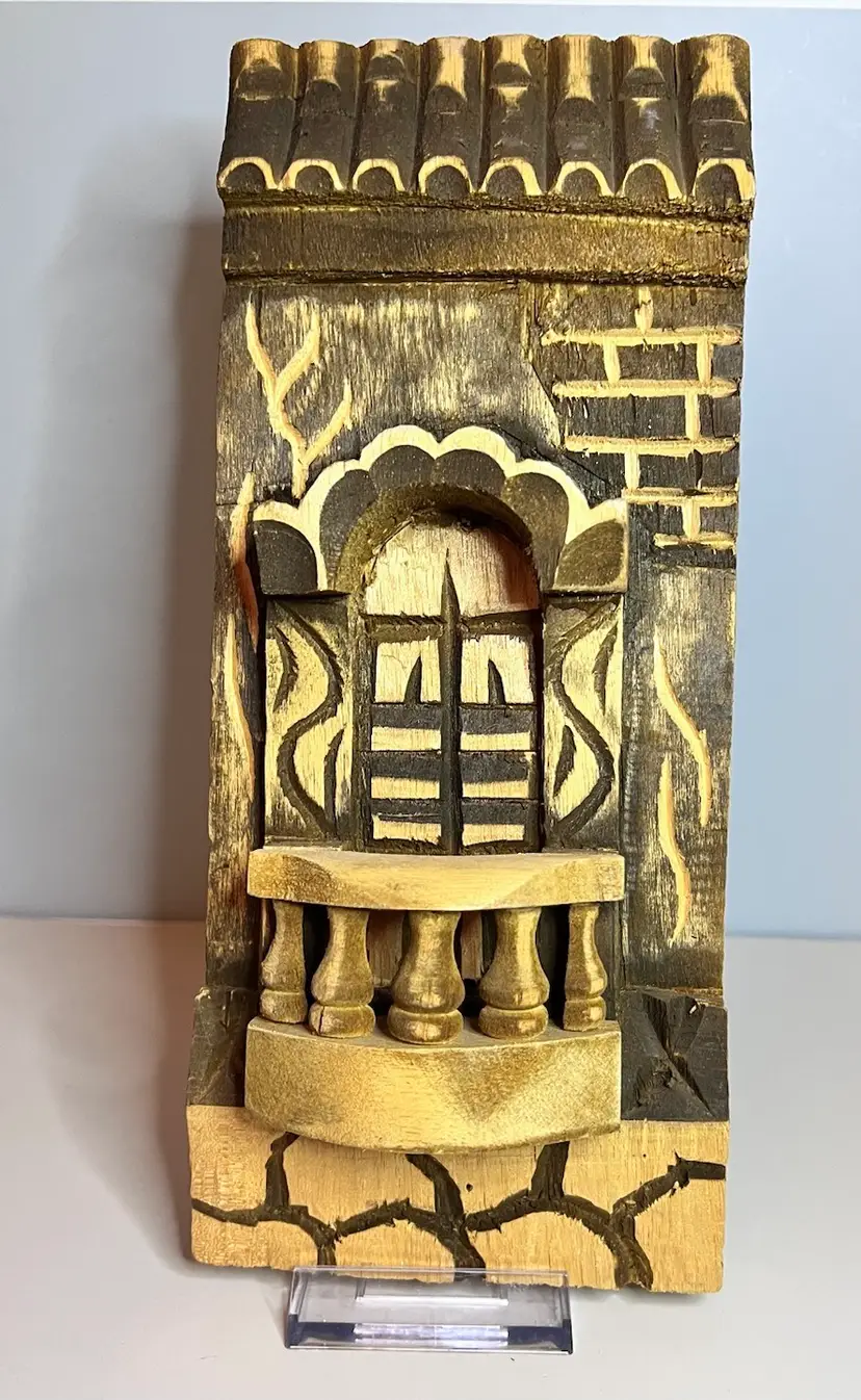 Vintage Rio De Janeiro Hand Carved Wooden Street Scene 3D Door Balcony  1981