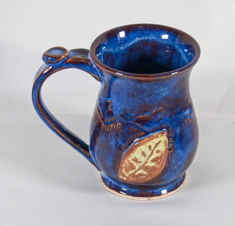 Artisan Pottery Cobalt Blue Mug Applied Flower Leaf Signed 11oz