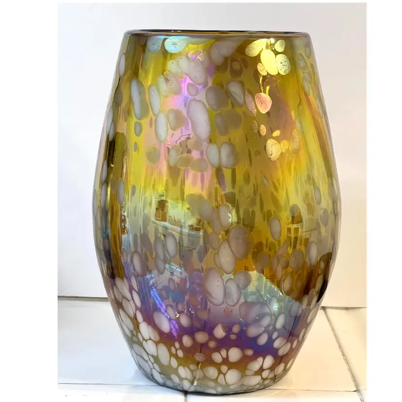 Z Gallerie White Confetti Luste Amber Ribbed Gold Iridescent Hand Blown Flower Vase 9.5 in Height