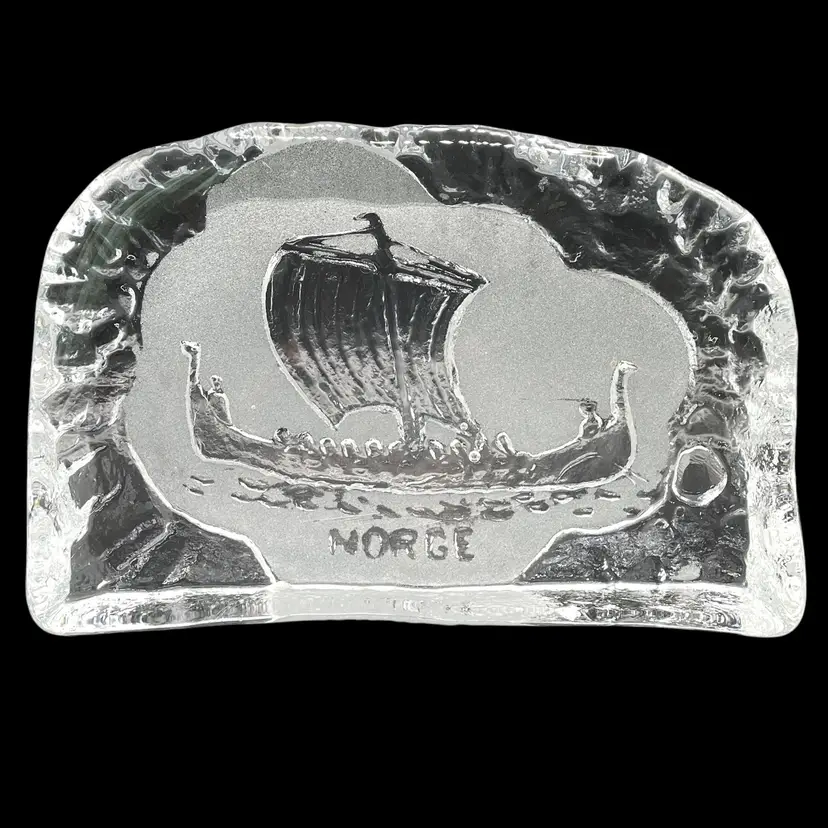BF Norge Eda Krystall Design Viking Ship Pressed Glass Paperweight Norway