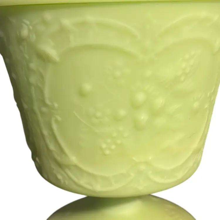 Fenton Uranium Glass ,lime green satin glass Wild Strawberries footed candy dish with lid.- 9” Tall - 6 “ Diameter