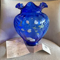 Fenton Golden Flax Cobalt #871 1995 Hand Painted Vase Shelly Fenton & S. Smith
