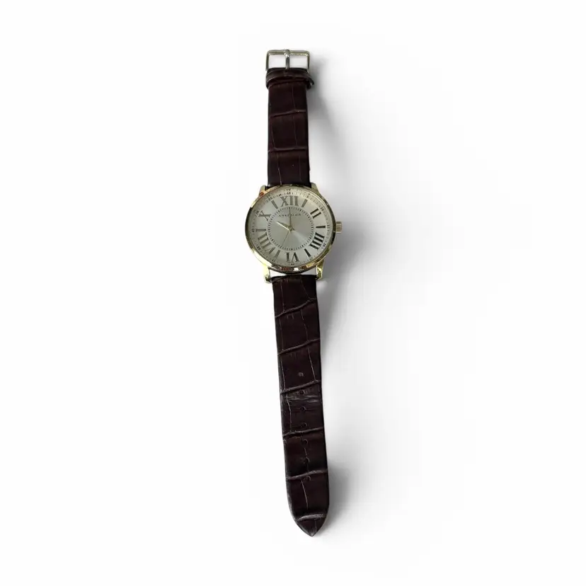 Anne Klein Silver Dial Gold Tone Case Brown Leather Band Watch