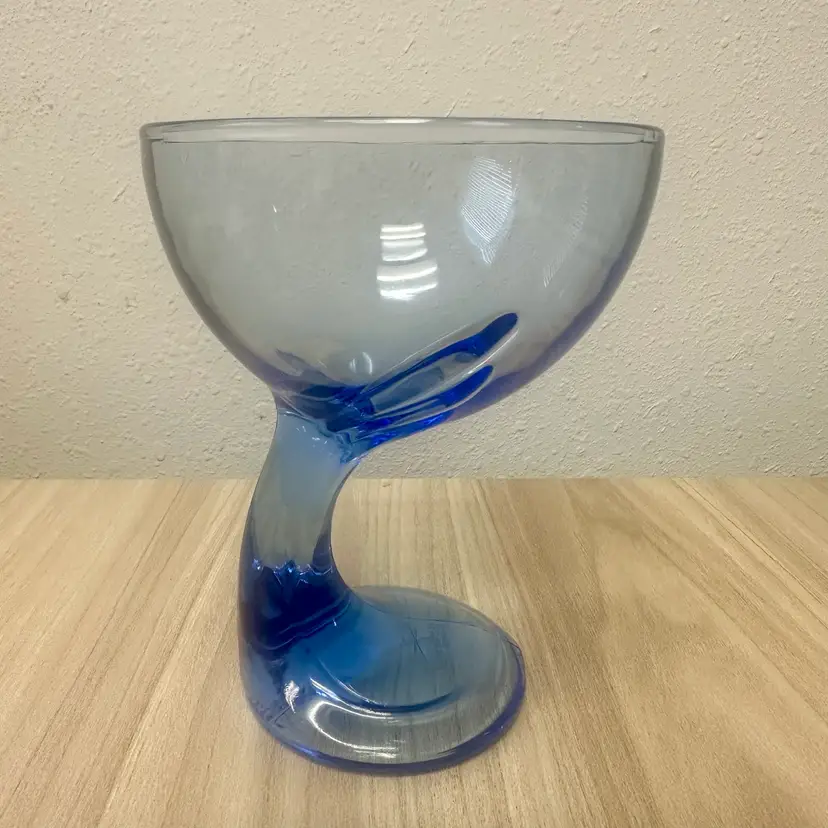 Bormioli Rocco Jerba Blue Art Glass Dessert Cup Goblet Wing Curved Stem Italy