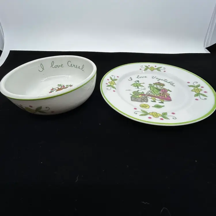 Vintage L&M Bond Ware Ceramic children bowl and plate set folk art design