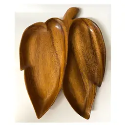 Hand Carved Leaf Shaped Divided Monkey Pod Wood Serving Tray Hawaii 10x13 in