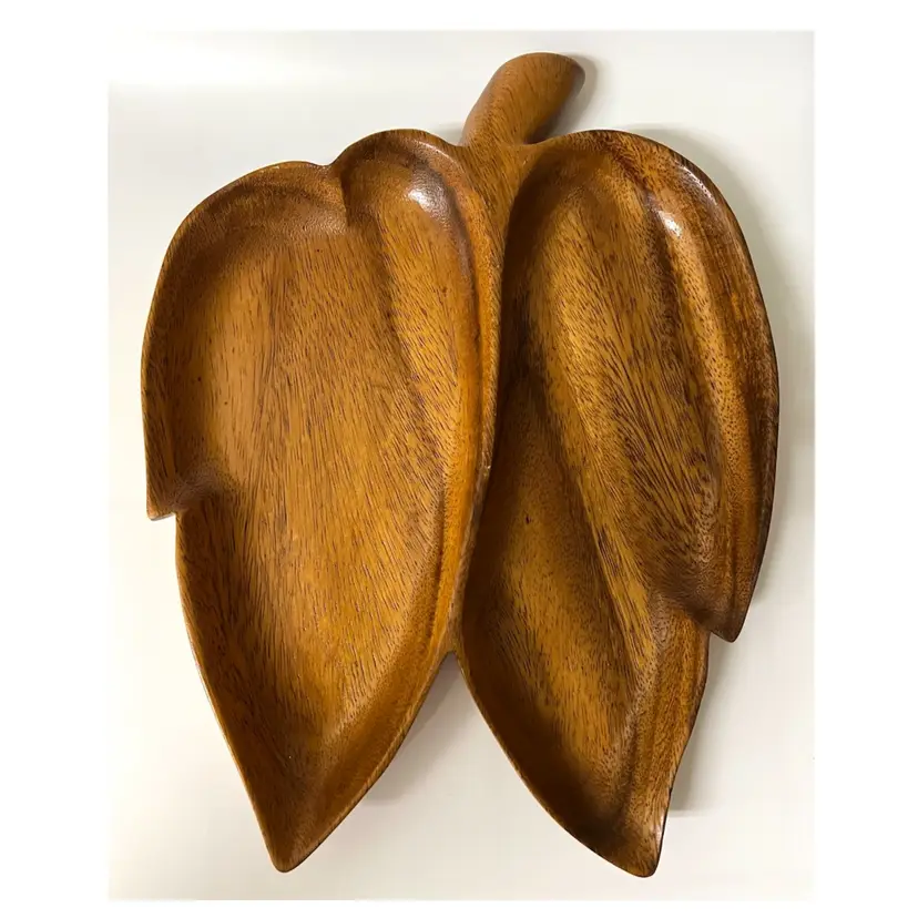 Hand Carved Leaf Shaped Divided Monkey Pod Wood Serving Tray Hawaii 10x13 in