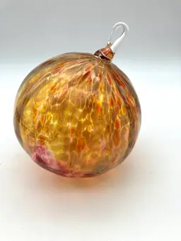 BIN - Hand Blown Glass Speckled Ornament Ball Iridescent Red Yellow Orange 5.5” Tall W Loop