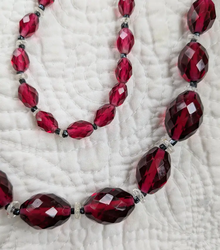 Antique Art Deco Czech Glass Graduates Bead Necklace in Ruby Red