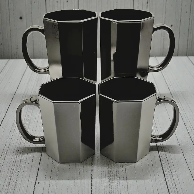 Vintage Arcoroc France Octime 8 Sided Black Glass Mugs EUC Set of 4 Beautiful