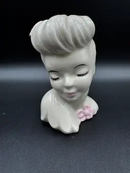 Vintage Glamour Girl Head Vase Planter Beige With Black & Pink Accents 6.50in H