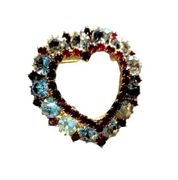 Vintage Heart Brooch White & Red Rhinestones Collectible Gold-Tone Pin 1.5"