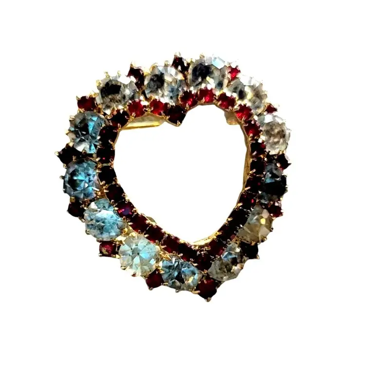 Vintage Heart Brooch White & Red Rhinestones Collectible Gold-Tone Pin 1.5"