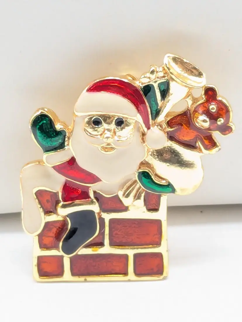 Christmas Santa Claus Chimney Enamel Brooch Pin Holiday Jewelry