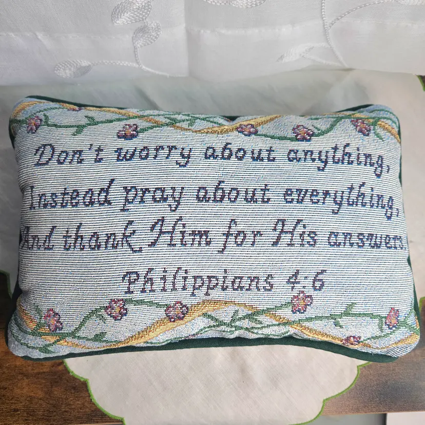 Vintage Tapestry Pillow Scripture "Don't Worry About Anything...Pray About Everything"  Cottagecore